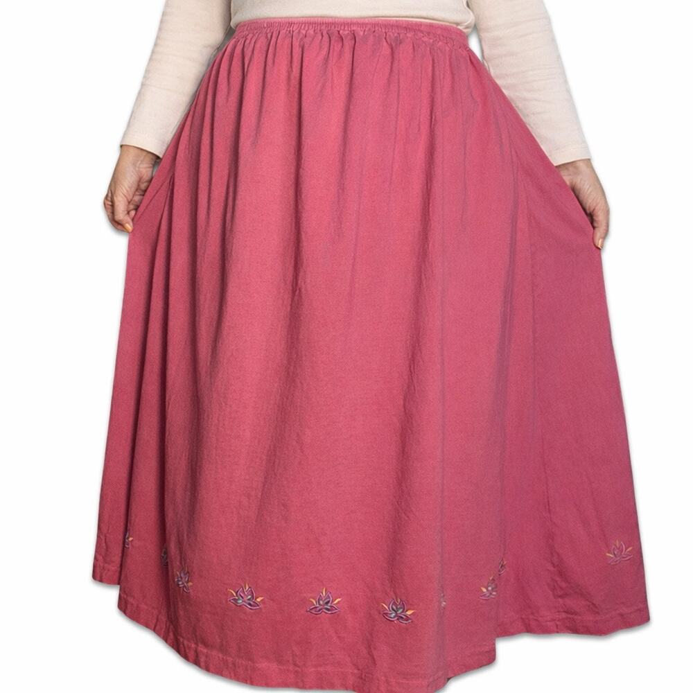 Vintage 90s Suburbans Pink Embroidered Boho Cotton Maxi Skirt Elastic Waist